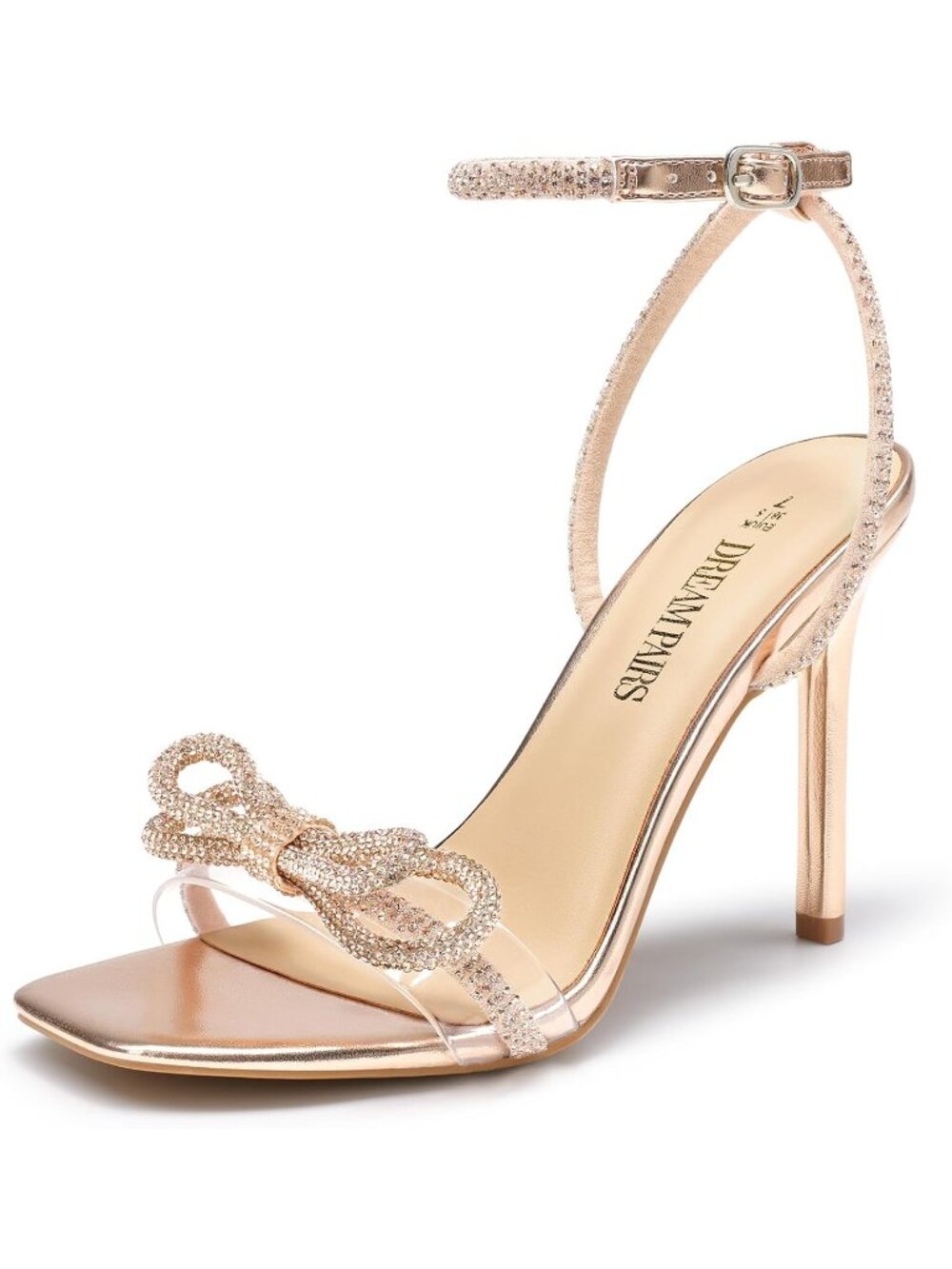 Women's Champagne Stiletto Rhinestone Double Bow Slingback High Heeled Sandals